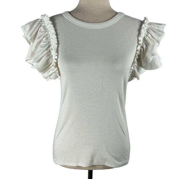 LIKE NEW! EXPRESS Ruffle Sleeve Ribbed Short Sleeve T-Shirt in Cream Siz… - Picture 2 of 8